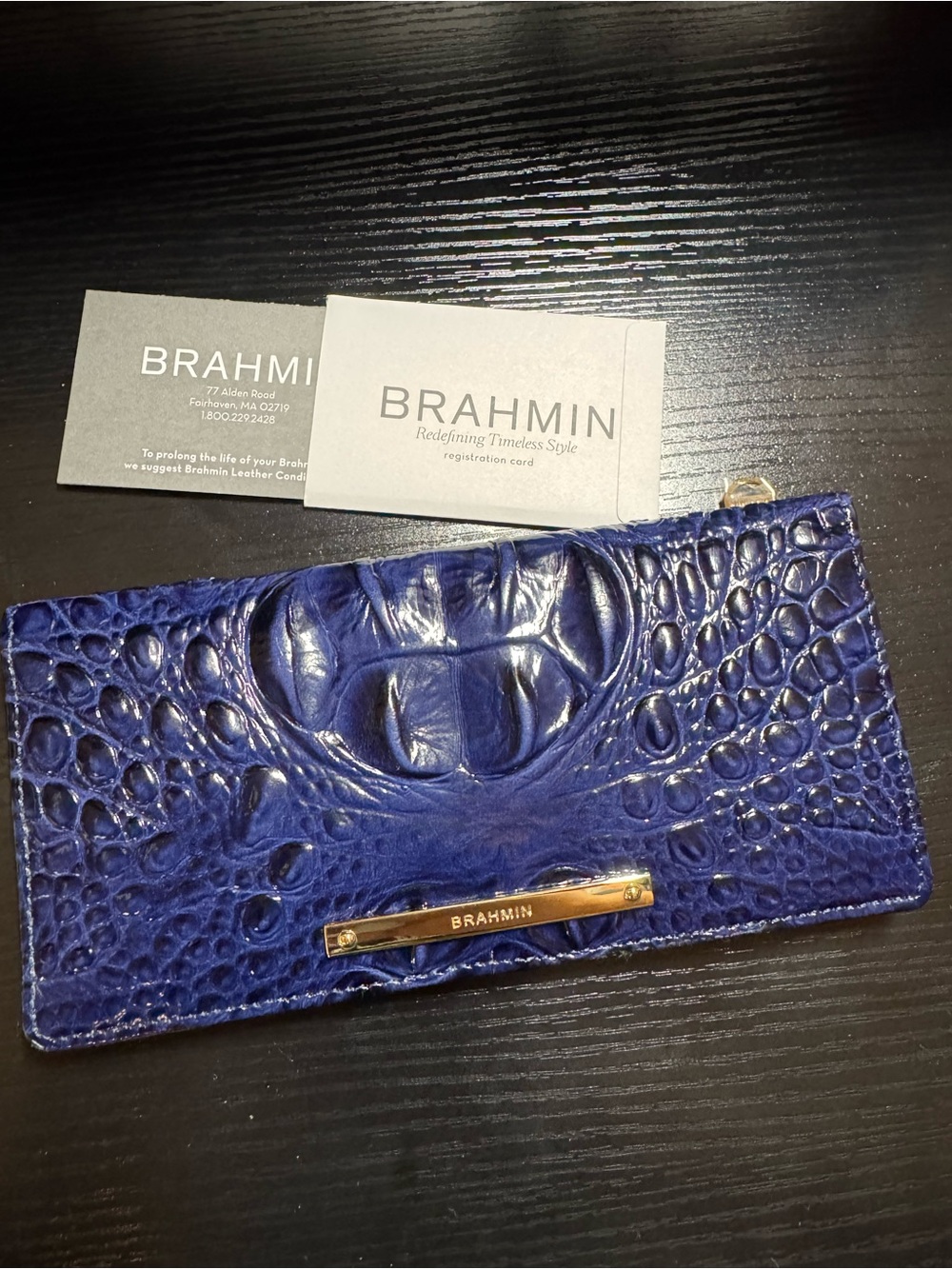 Brahmin Croc-Embossed Patent Leather Wallet in Navy Blue with Gold Hardware
